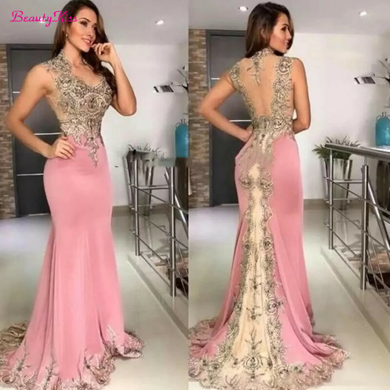 Mermaid Evening Dresses Sweep Train Gold Lace Crystal Beaded Formal Party Prom Dress Gowns Vestidos De Soiree