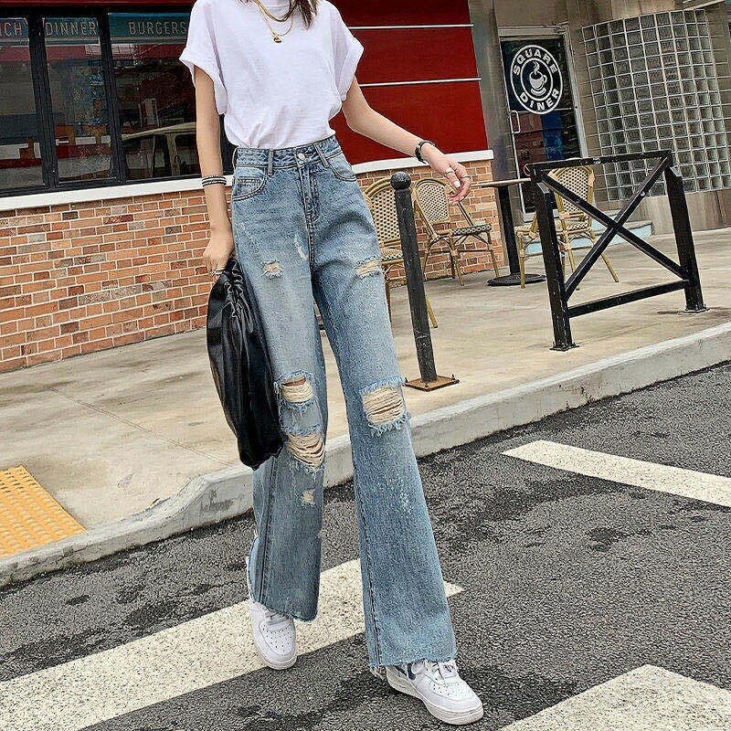 5xl Plus rozmiar porwane dżinsy dla kobiet wysokiej talii szerokie nogawki spodnie dżinsowe Lady Streetwear luźne proste dżinsy spodnie