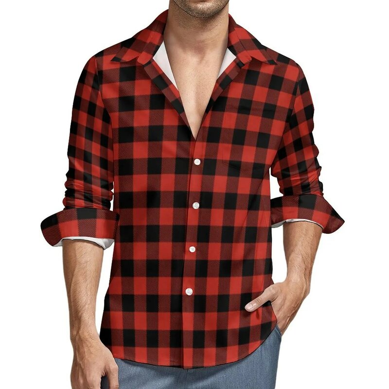 Red And Black Plaid Shirt Autumn Check Print Casual Shirts Men Trendy Blouse Long Sleeve Graphic Streetwear Clothing Big Size