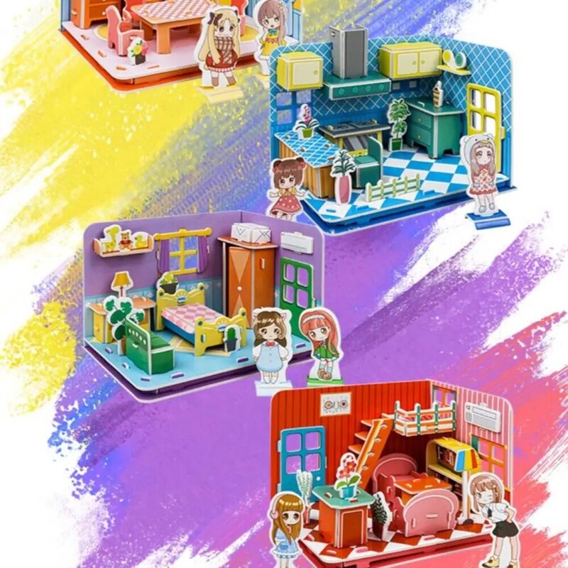 Dapur DIY Puzzle rumah boneka kamar tidur belajar 3D kertas Puzzle ruang kartun buatan tangan berpura-pura bermain kertas boneka rumah