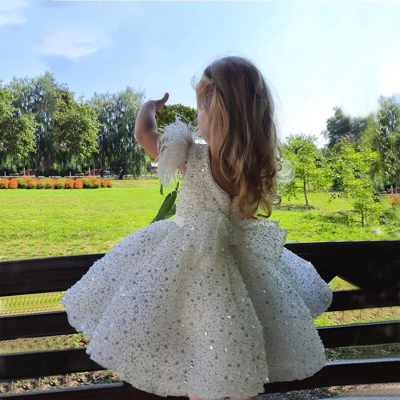 어린이 흰 꽃 소녀 드레스 반짝이 구슬 깃털 활, 이브닝 파티 푹신한 치마, 볼 가운, 성찬식 어린이 투투