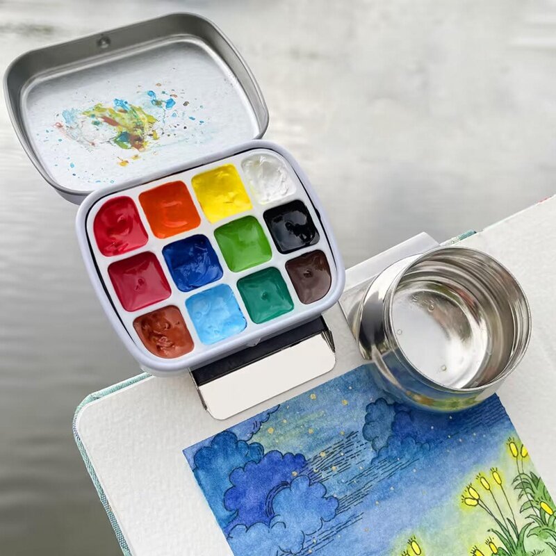 Empty 12 grid Mini Watercolor Tin Box Portable Watercolor Paint Palette Travel Painting Paint Tray Art Supplies