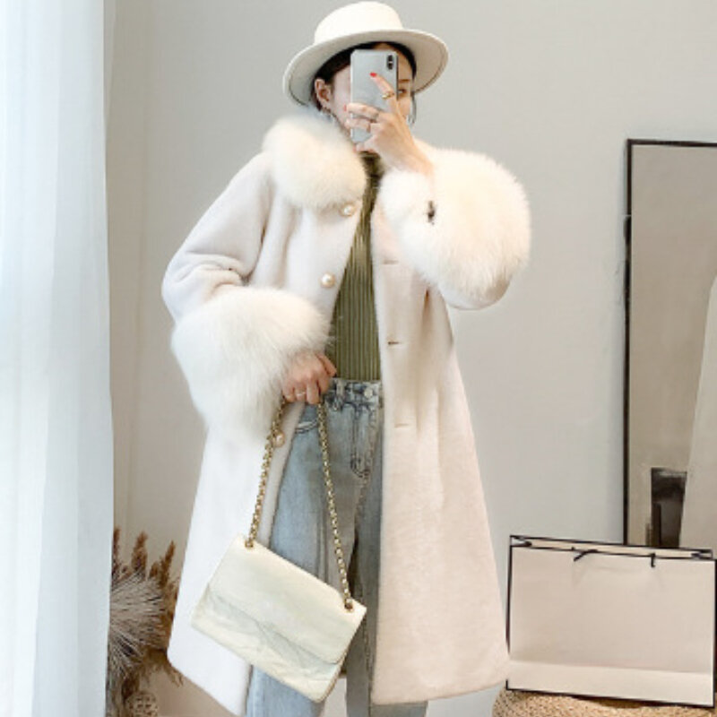 Casaco de pele natural real feminino de peito único, casaco grosso de lã quente, streetwear luxuoso solto, nova moda, desconto, inverno