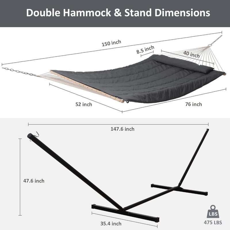 SUNCREAT-Double Outdoor Hammock com suporte, algodão corda Hammock, poliéster Pad, cinza escuro, 2 pessoas, ventosa, ventosa, ventosa, 177 W X 52 "W