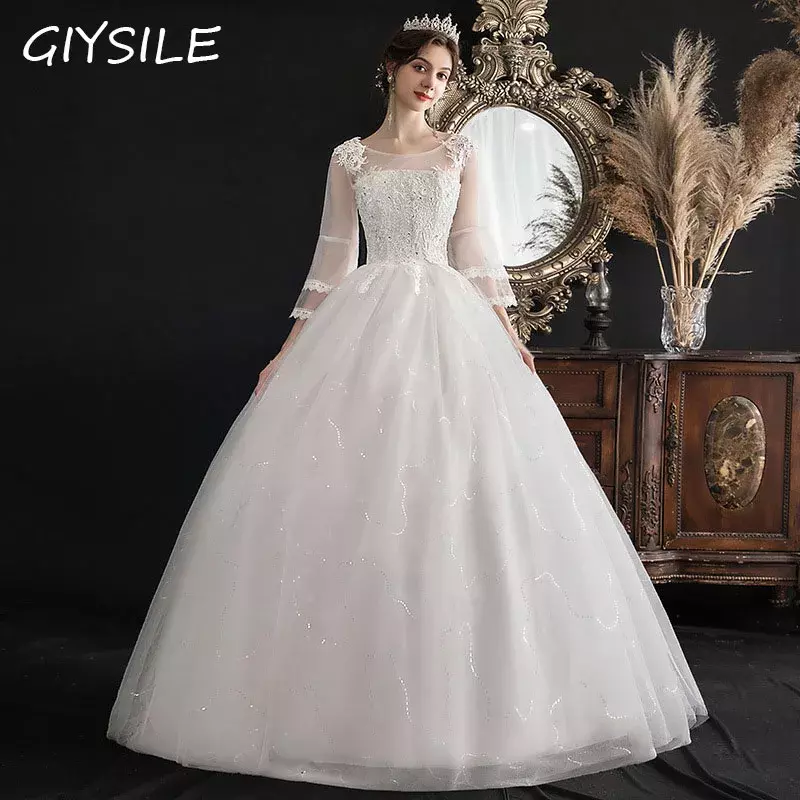 GIYSILE-فستان زفاف أبيض ، فستان سهرة كبير الحجم ، النمط الكوري ، بأكمام الربع ، الأكمام المشتعل ، مزاجه ، الزفاف الرئيسي