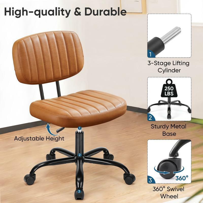 Kursi meja kecil tanpa lengan, kursi kantor rumah dengan roda, kulit PU, kursi tugas belakang rendah dengan penopang pinggang, tinggi dapat diatur