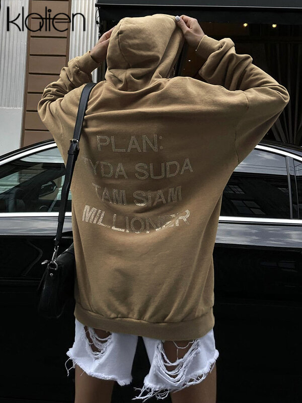 KLALIEN-Sudadera con capucha y estampado de letras para mujer, Jersey holgado informal de manga larga, ropa de calle para correr, Tops de otoño