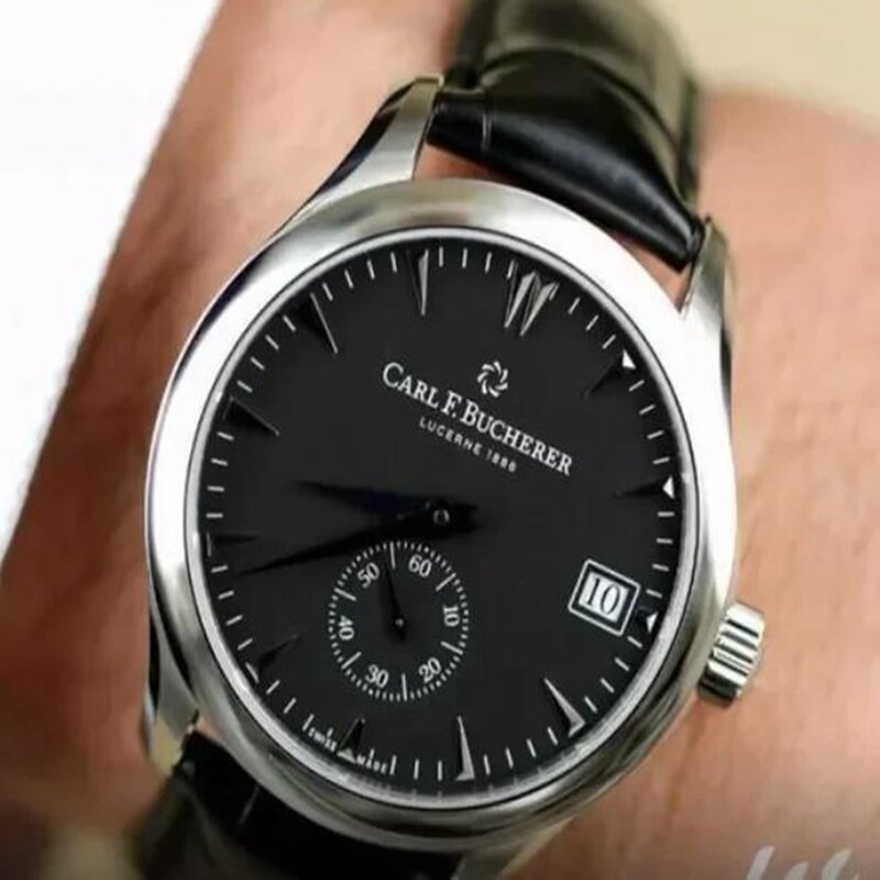 Carl F. Bucherer jam tangan pria Marley Dragon Flyback, arloji bisnis Dial biru abu-abu Chronograph