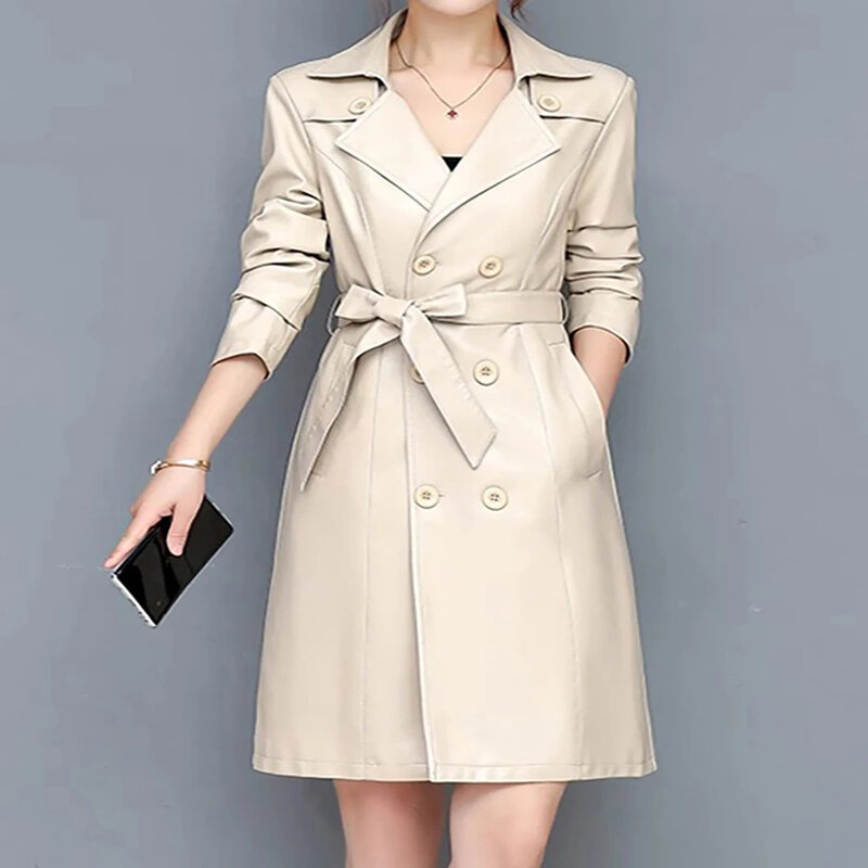 Женская куртка из 100% натуральной кожи, осенне-зимняя одежда, темпераментное, средней длины, облегающее Женское пальто из натуральной овчины, новинка 2024, топ FC