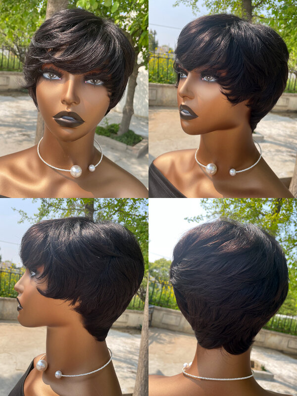 Pelucas de cabello humano para mujeres negras, Pelo Corto con corte Pixie, hecho a máquina con flequillo, sin pegamento