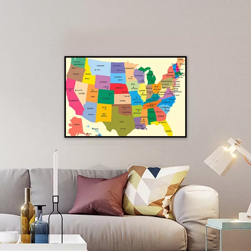 Póster de arte de pared con mapa de los Estados Unidos en inglés, lienzo de pintura, decoración del hogar, suministros para el aula, 90x60cm