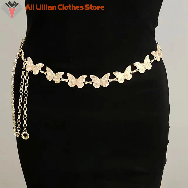 Motyl metalowy łańcuszek w talii kobiety Y2K Retro wszechstronny kolor srebrny łańcuszek w talii sukienka krótka spódniczka gotycki łańcuszek modny dodatek