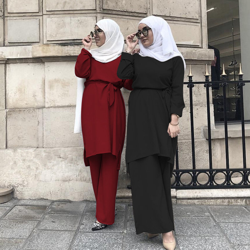 무슬림 기모노 아바야 라마단 여성용 원피스 세트, 두바이 터키 이드 이슬람 편안한 2 피스 세트, 패션 의상