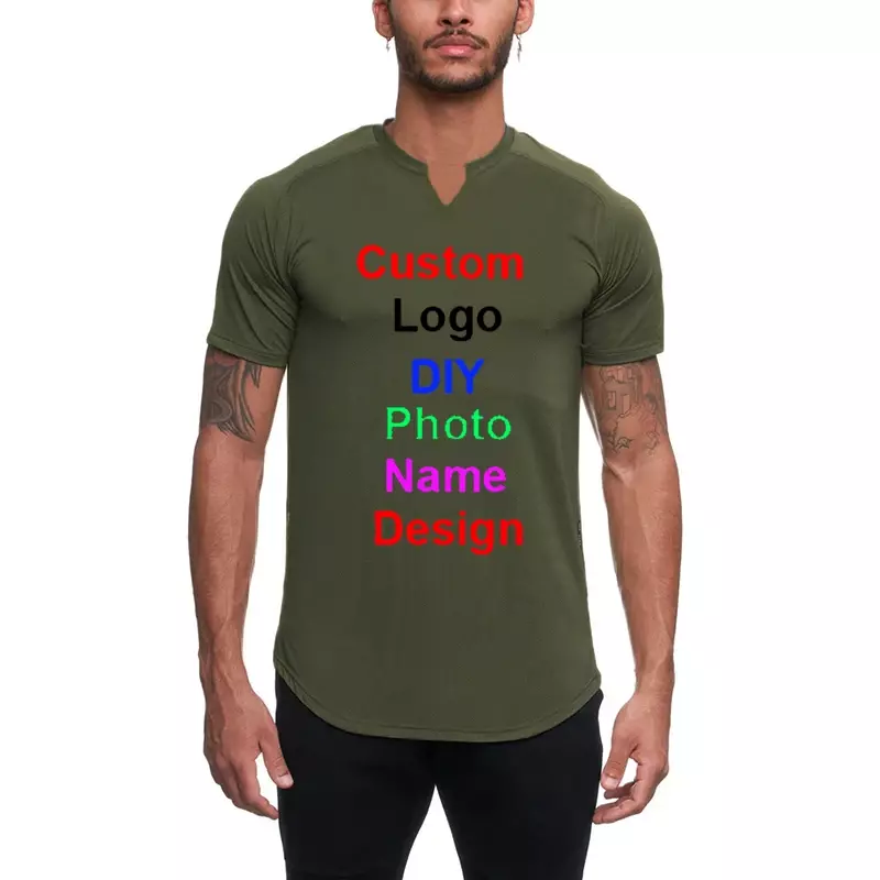 Camisetas de poliéster de secado rápido con logotipo personalizado para hombre, camisas de manga corta transpirables con cuello en V, informales, ajustadas, sólidas, gimnasio, Fitness, Verano