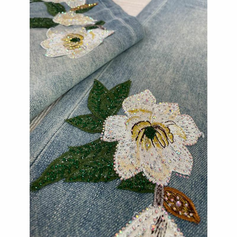 Jeans bunga bordir payet wanita Amerika musim panas Niche pinggang tinggi longgar lurus kasual kaki lebar lantai celana Ins