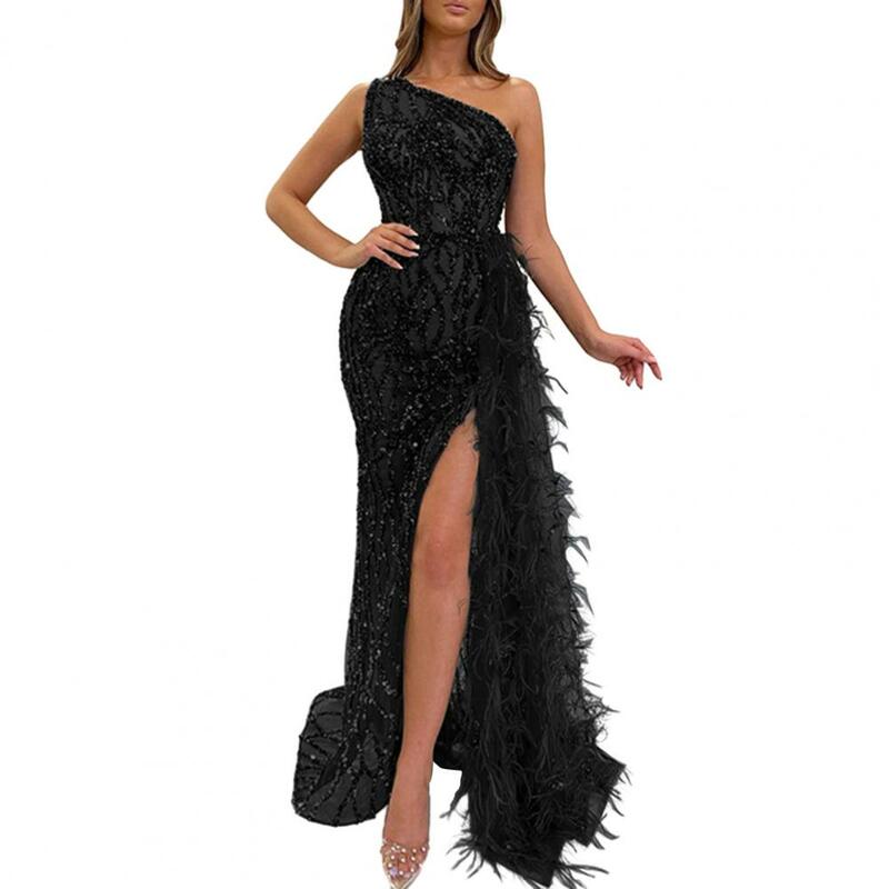 Dress Shiny Sequin Padded Feather Decor High Split Slim Fit Tight High Waist Floor Length Prom Party Banquet Gown Maxi Dress