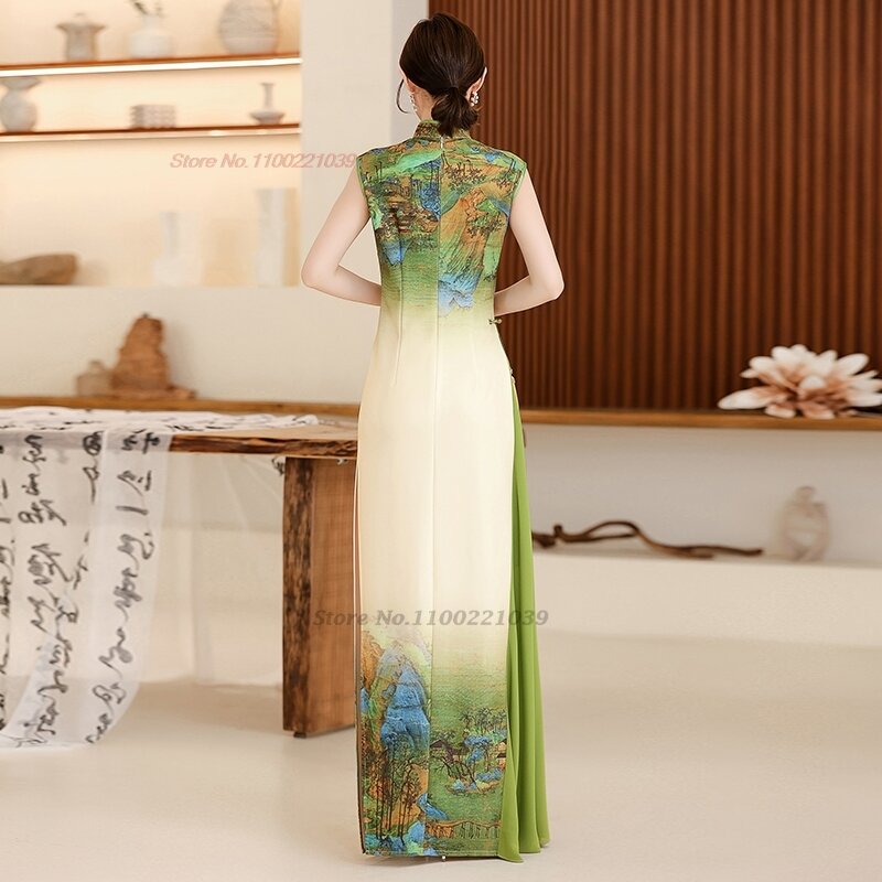 2024 orientalisch verbessert Qipao chinesischen nationalen Blumen druck ärmelloses Kleid Cheong sam Qipao elegante Abend party Kleid Vestido