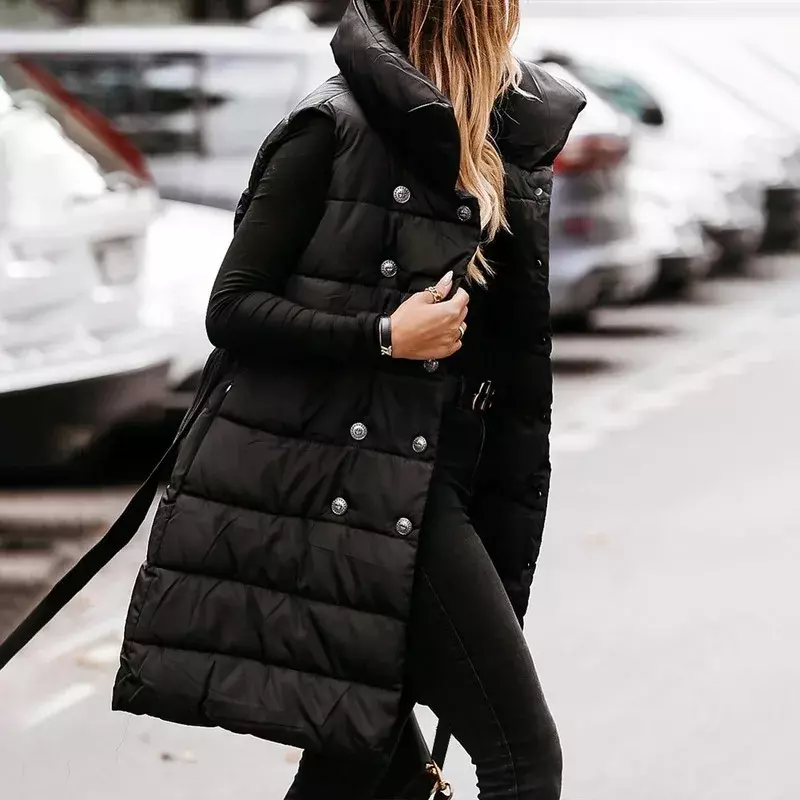 따뜻한 다운 코튼 패딩 재킷, 블랙 코트, 2023 여성 조끼, 여성 민소매 재킷, 단추 및 벨트 아우터 코트, 겨울