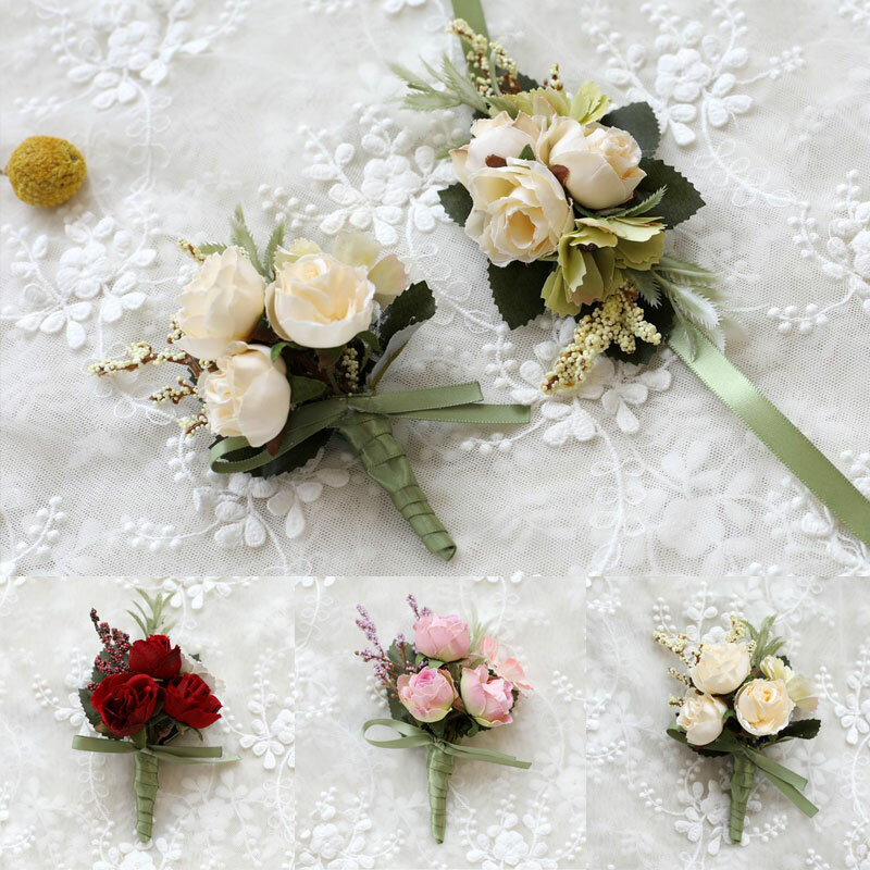 Groom Boutonniere Man Pin Suit corpetto da sposa Buttonhole Wedding Wrist Flower Party Mariage Decor seta artificiale fiori di rosa