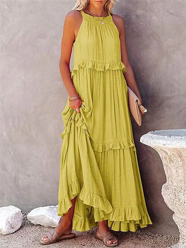 Summer Loose Long Dress Women Casual Elegant Ruffle Halter Sleeveless Female Party Outfits Beach Maxi Dresses Green Tie-Up Robe