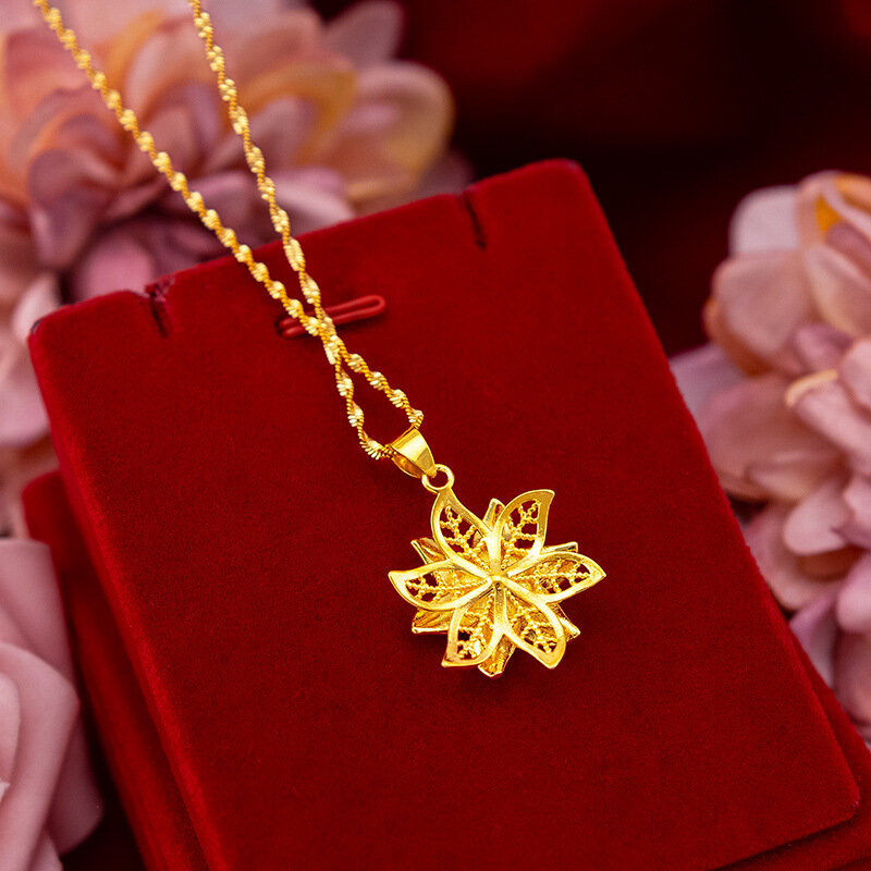 24K Gold Plated Copper Lily Necklace For Women Femme Flower Pendant Water Wave Chain Choker Wedding Bridal Jewelry Accessories