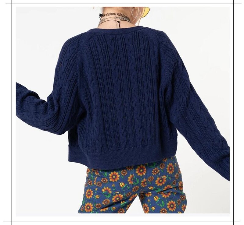 Cardigã floral bordado para senhoras, suéter de malha com decote em v, manga comprida, botão monocromático azul, roupas de outono e inverno 2022