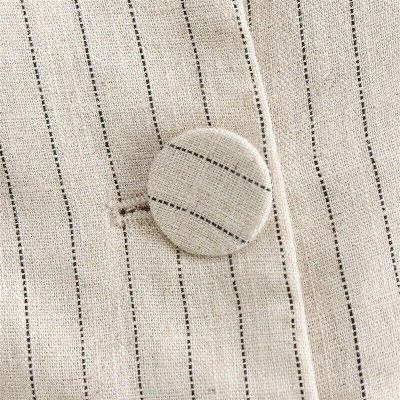 KEYANKETIAN 2024 New Launch Women's Vertical Striped Cotton Linen Waistcoat Korean Single Breasted O-Neck Slim Mid-length Vest
