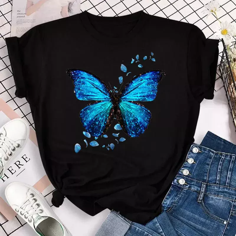 T-shirt à manches courtes et col rond pour femme, imprimé pétale de papillon coloré, t-shirts graphiques mignons pour femme, nouvelle mode, Y-Everthin