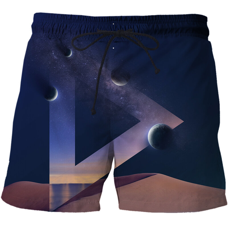 Calça de praia masculina com padrão 3D céu noturno, frigideira confortável, maiô personalizado à beira-mar, moda europeia e americana