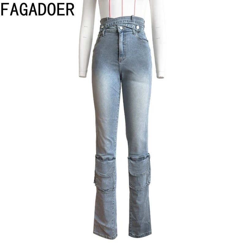 FAGADOER-Pantalon Cargo en Denim Bleu pour Femme, Taille Haute, Poches, lèvent, Bas de Cowboy FjFemelle, 2024
