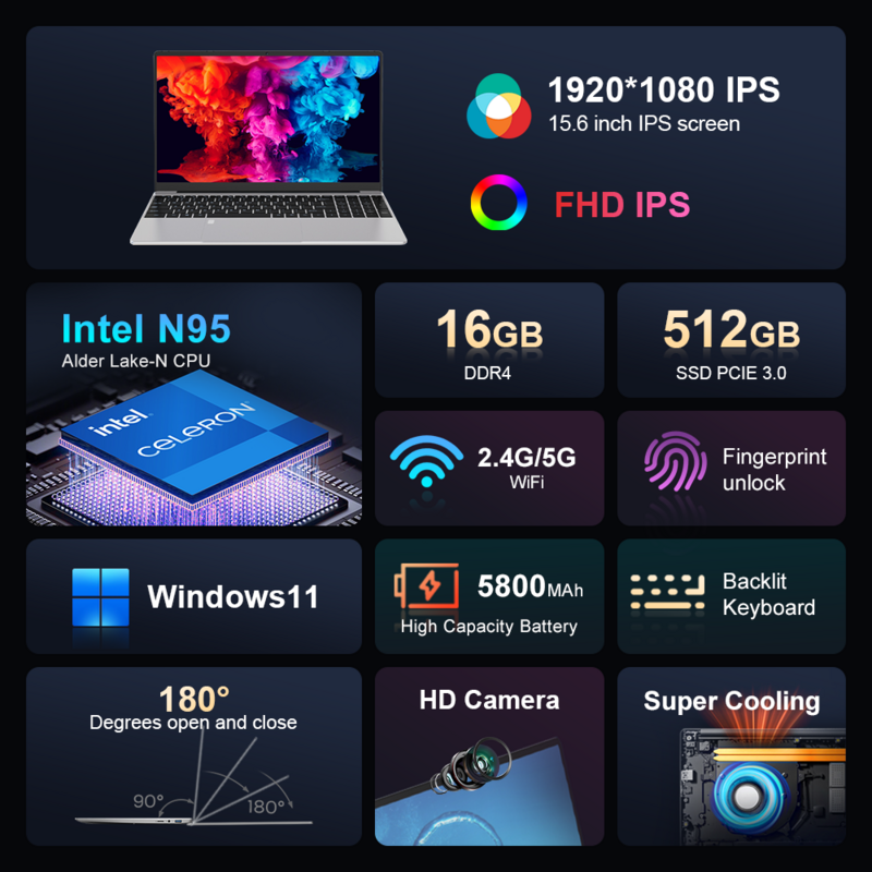 Ninkear N15 AIR Laptop 15,6" IPS 1080P IPS Intel Celeron N95 3.4Ghz 12GB RAM 512GB SSD Gaming Office Windows 11 Notebooks