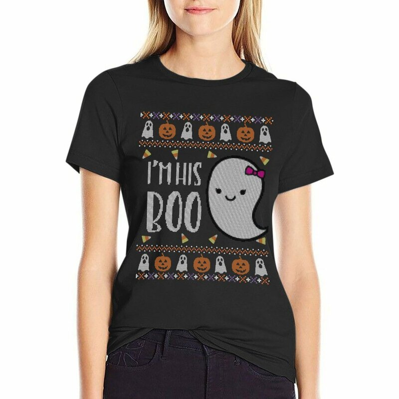 Hässlicher Halloween-Pullover, ich bin sein Boo Ghost T-Shirt Sommer Top weibliche Kleidung übergroße T-Shirt für Frauen