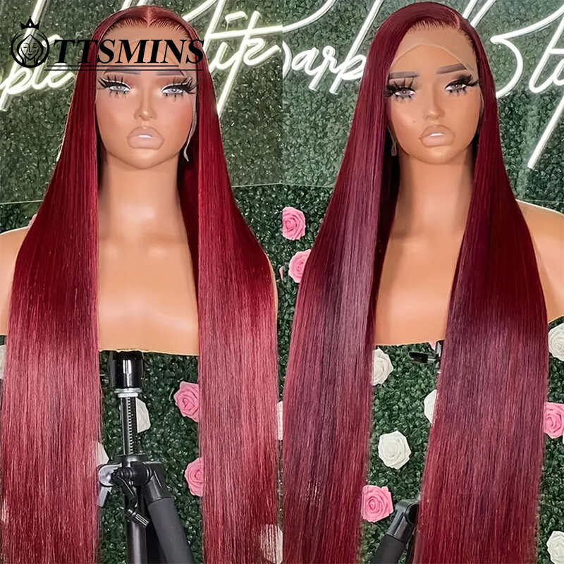 Perruque Lace Front Wig sans colle brésilienne naturelle-99J, cheveux lisses, rouge bordeaux, 13x4, pre-plucked 180%, HD