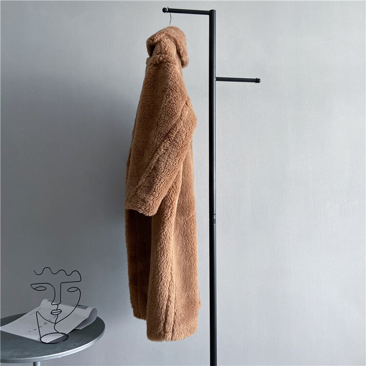 Kurtka zimowa damska długi płaszcz tkanina wełniana gruba ciepła odzież wierzchnia styl Oversize płaszcze z misiego misia
