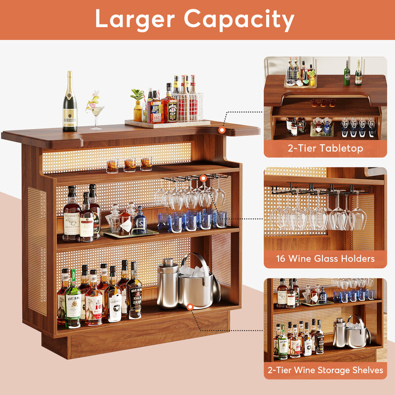 Tribesigns Rattan Home Bar Unit, Farmhouse 4-Tier Bar Table with 4 Stemware Racks and Heightened Base, Liquor Wine Bar Cabinet