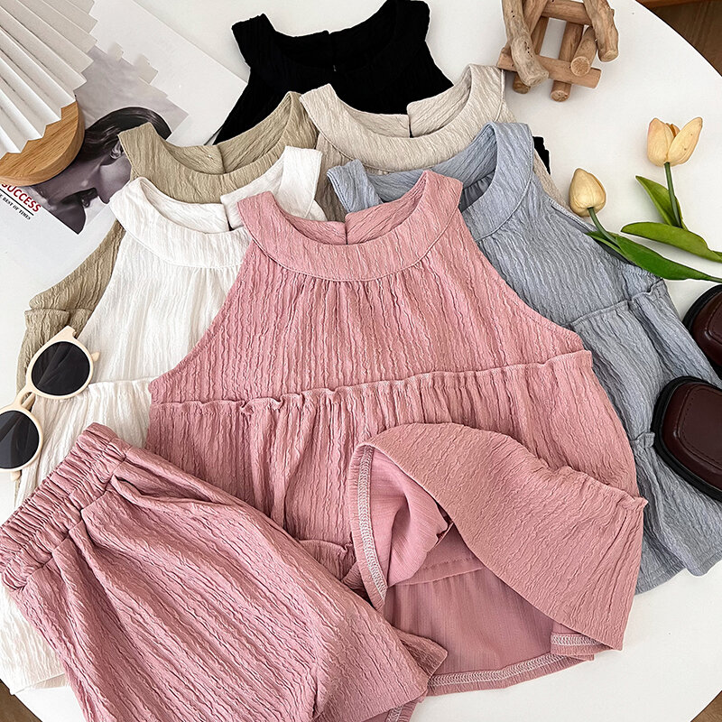 Two Pieces Women Pants Sets Solid Halter Pullover Tops Shirt+Elastic Waist Wide Leg Shorts 2pcs Female Summer Sleeveless Suits