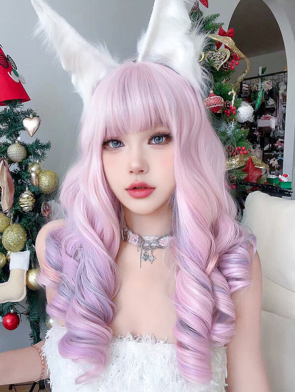 22Inch Cherry Blossom Pink Color Synthetic Wigs With Bang Long Natural Curly Hair Wig For Women Cosplay Party Heat Resistant
