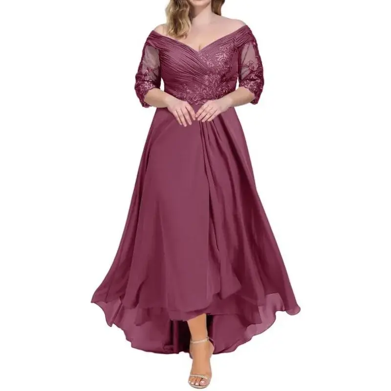 Wakuta A Line Mother of The Bride Dresses Lace Pleated Tea Length Plus Size Evening Formal Gowns 3/4 Sleeve V Neck Evening Dress
