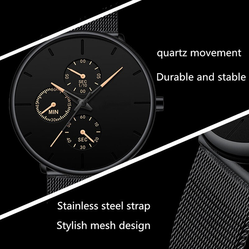 Reloj de pulsera de cuarzo para hombre, cronógrafo con correa de malla ultrafina de acero inoxidable, color negro, estilo informal y clásico, a la moda