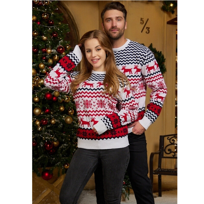 Couple's Men's Women's Christmas Sweater Women's Round Neck Elk Jacquard Long Sleeve Sweater