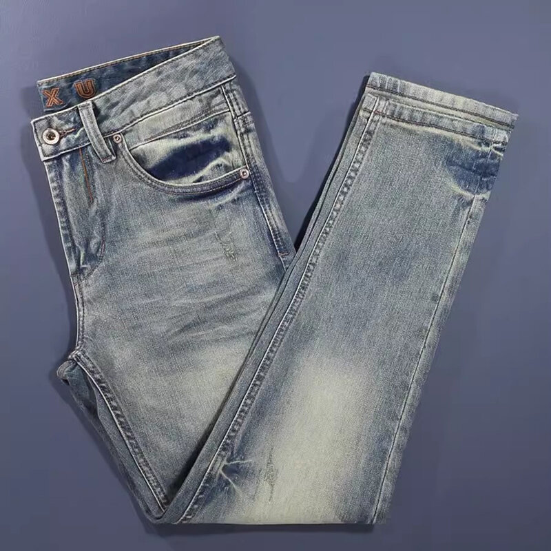 Pantalones vaqueros rasgados de estilo italiano para hombre, Jeans rasgados de alta calidad, elásticos, lavados, azules, de diseñador, de moda Vintage