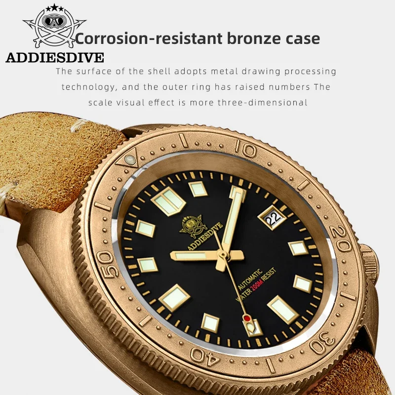 Бренд ADDIESDIVE, модель CUSN8, бронзовый цвет, автоматические механические часы для дайвинга на 200 м, супер светящиеся часы AD2104, мужские часы