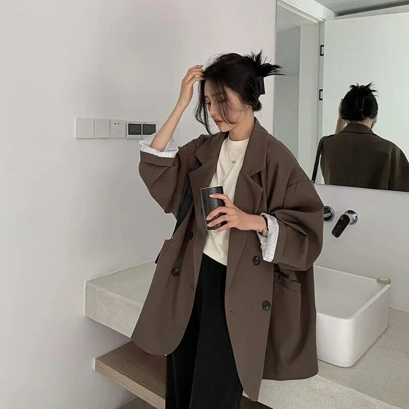 여성용 빈티지 다크 브라운 블레이저, 우아한 공식 숙녀, 용수철 가을 패션, 긴팔, 오버사이즈 시크 캐주얼 세트 재킷