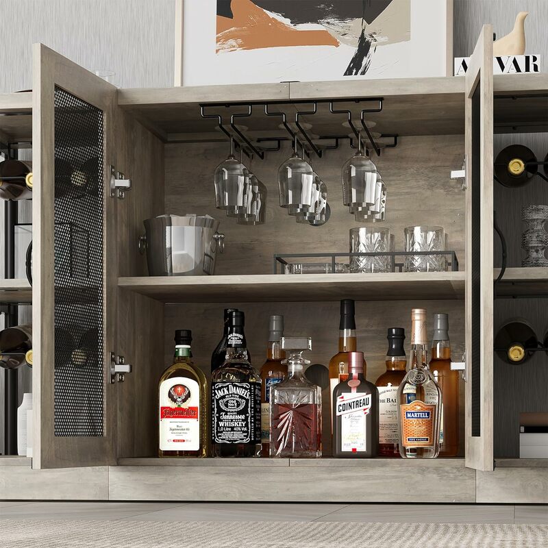 Industrial Wine Bar Cabinet for Liquor and Glasses, Home Bar Furniture w/ Storage & Wine Rack, for Dining Room, Kitchen (Grey)