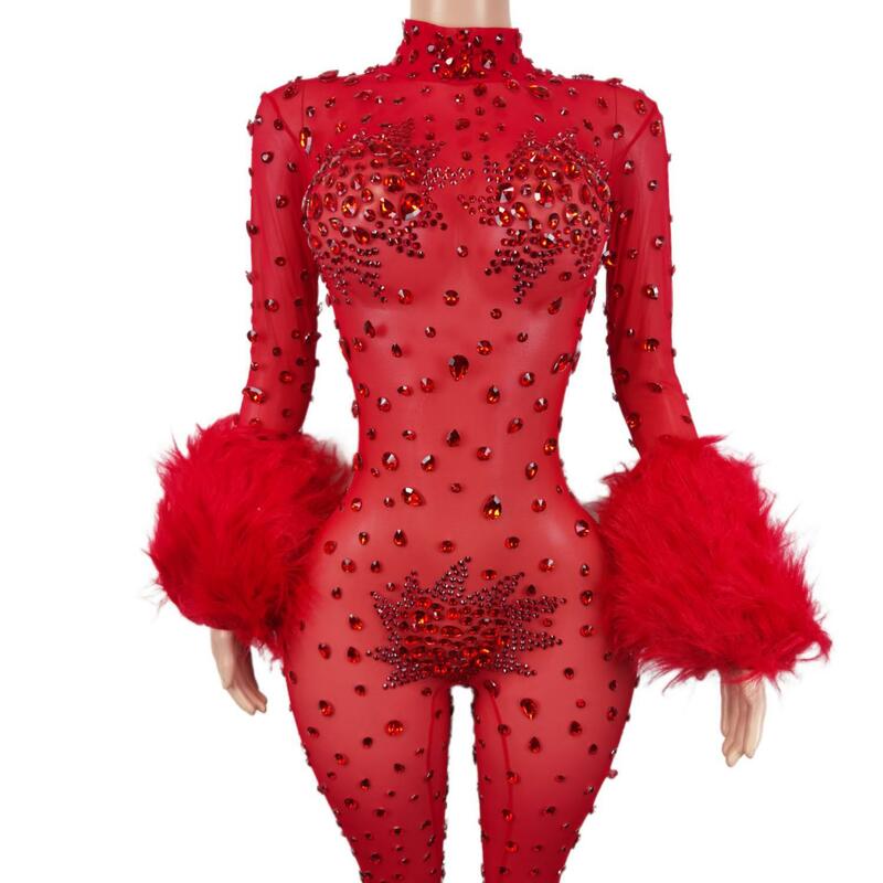 Glisten Crystal Red Jumpsuit Sexy Hairy Rhinestones Dress Women Outfit Nightclub Singer Costume Stage Dance DS Clothing Guibin