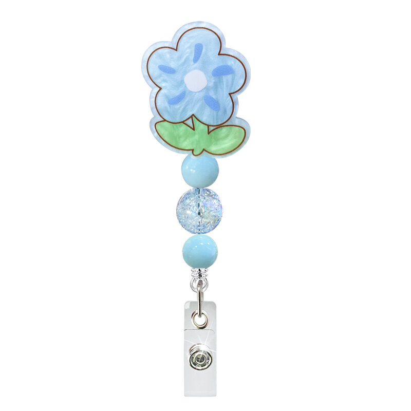 2023 New Acrylic Flower Bead String Retractable Nurse Chest Badge Reel Clip Holder Students Doctor Work ID Card Holder Keychain