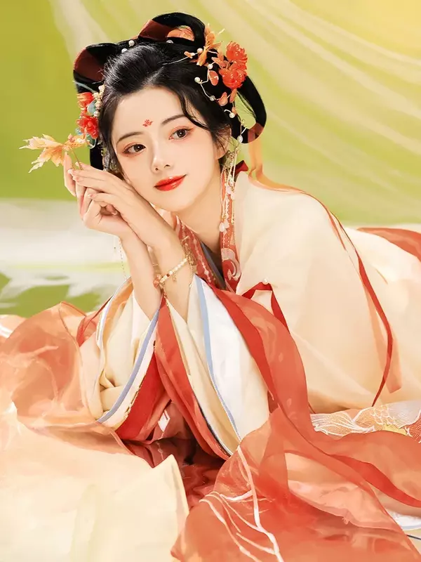 Song Dynasty Embroidery Traditional Chinese Clothing for Women Skirt Large Sleeve Shirt National Style Dress Set Orange Hanfu