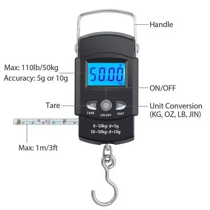 50kg/10g Portable LCD Electronic Hand Scale Travel Hanging Fish Scale with 100cm Long Retractable Measuring Tape