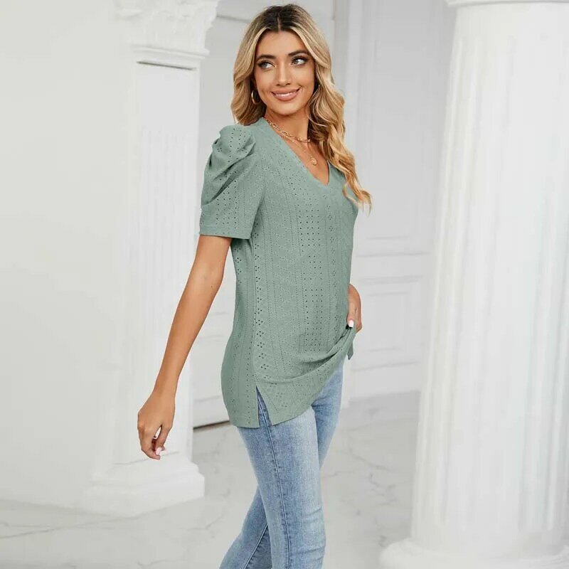 2023 New Trendy Spring and Summer Solid Color Loose Hollow Out V-neck Bubble Short Sleeve T-shirts Top for Women