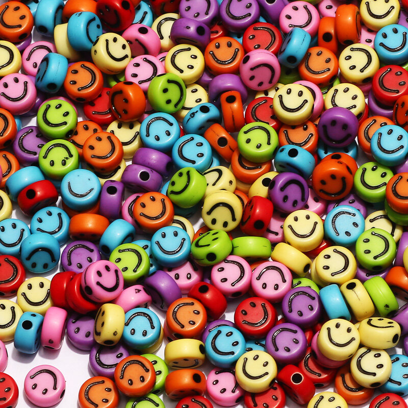 Bead Jewelry 4x7mm 100pcs Rainbow Color Acrylic Beads With Smiling Pattern Flat Round Beads For Jewelry Making Diy Accessories